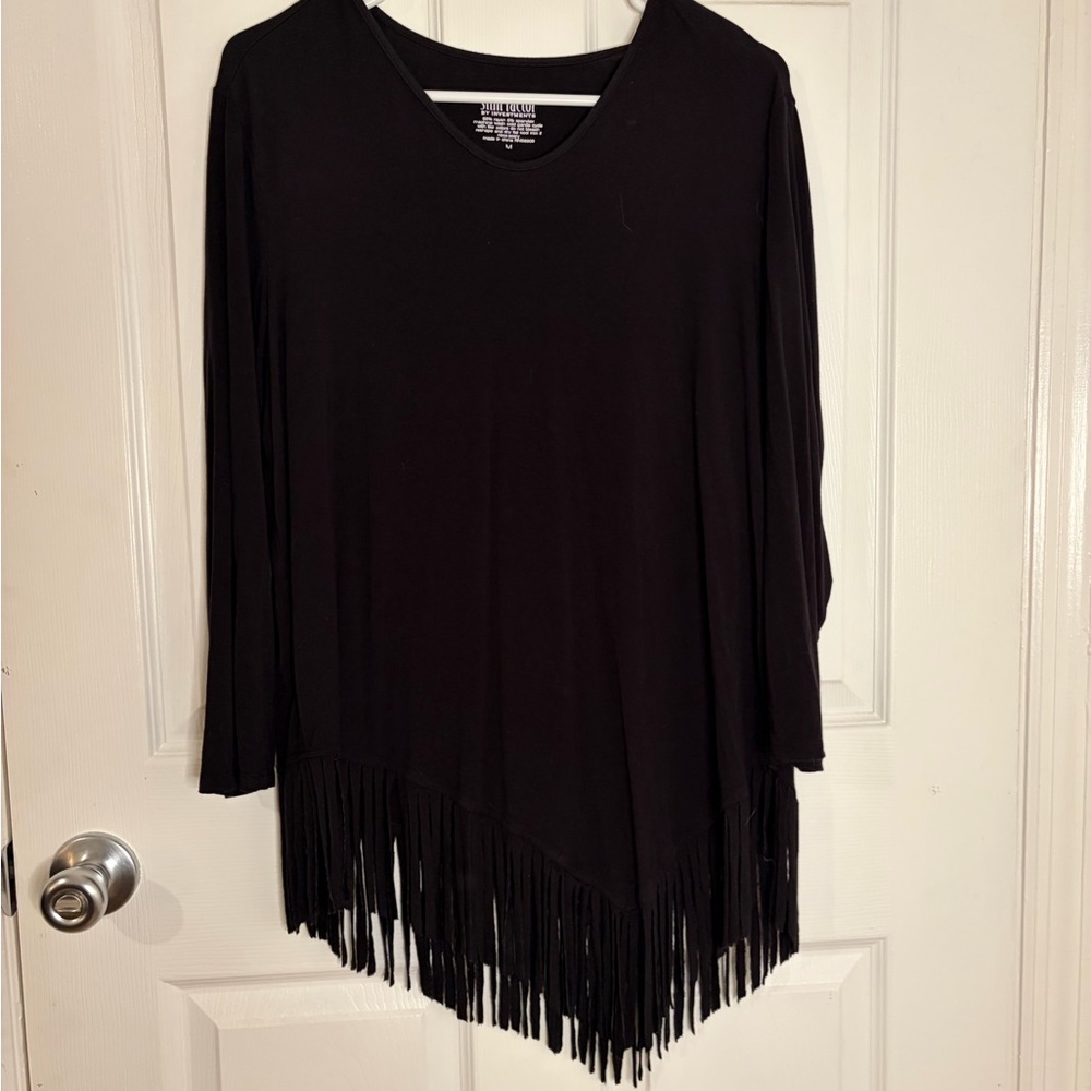 White House Black Market Black Long Sleeve Fringe Hem Tunic